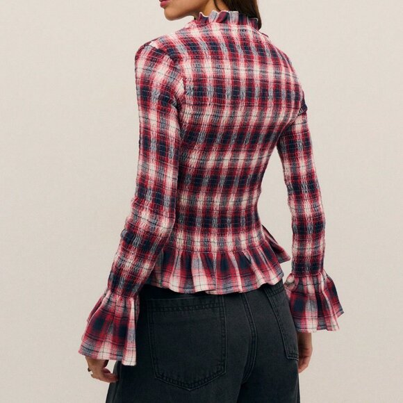 Red Casual Women's Plaid Corset Top with Mock Neckline and Ruffle Trim - Picture 2 of 8